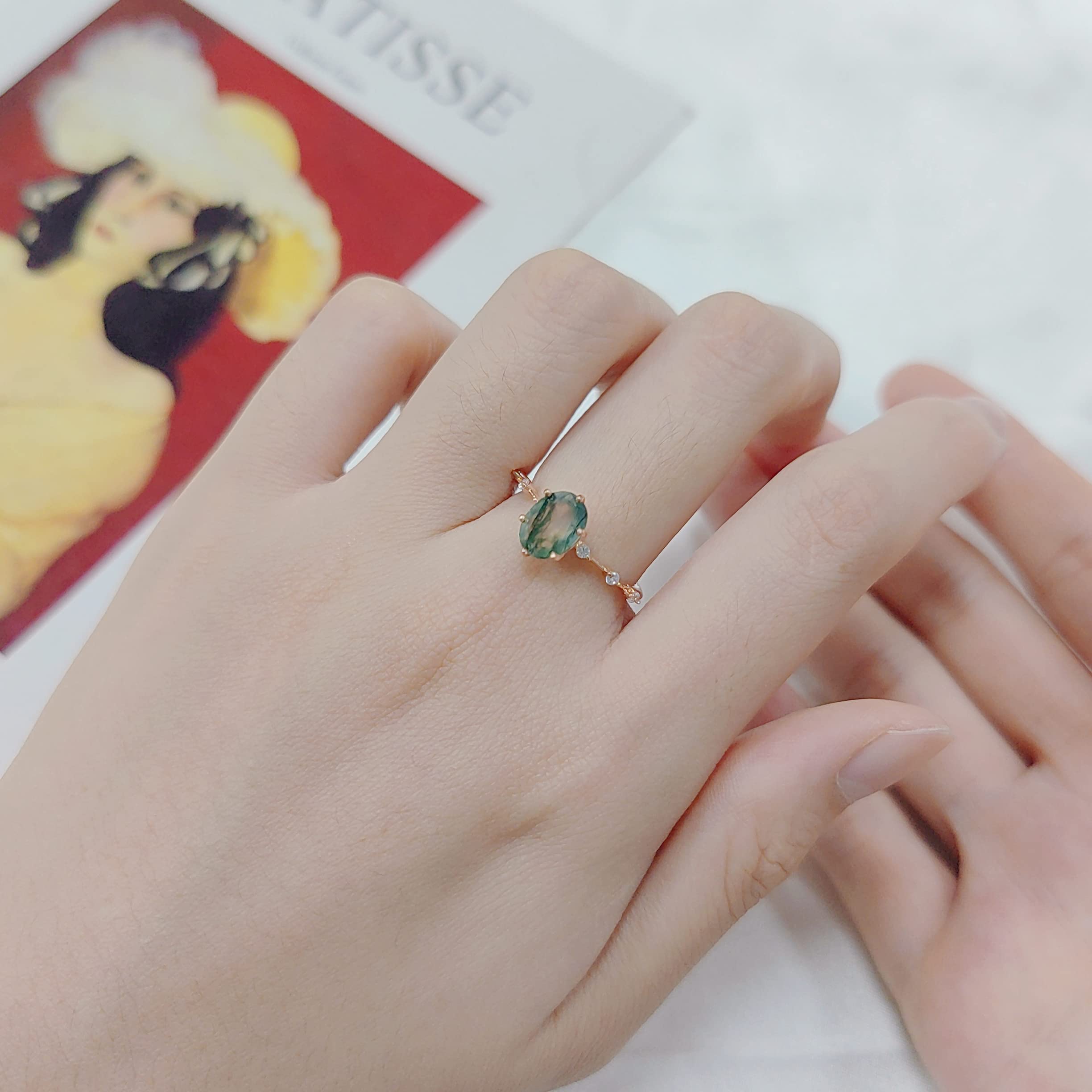 Gem's Beauty Valentine's Day Gifts Green Moss Agate Jewelry Natural Moss Agate Engagement Rose Gold Rings in 925 Sterling Silver for Women Wedding Moss Agate Ring(Size8)