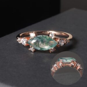 Gem's Beauty Green Moss Agate Jewelry Natural Moss Agate Engagement Rose Gold 925 Sterling Silver Rings for Women Wedding Moss Agate Ring Birthday Gifts for Her (Size5)