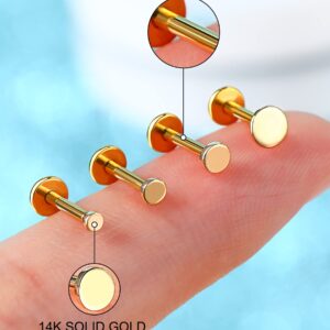 Melighting 14K Gold Threadless Earrings 16G Gold Flat Back Earrings Tiny Flat Disc Threadless Push in Labret Stud Gold Tragus Piercing Jewelry for Women Conch Helix Stud