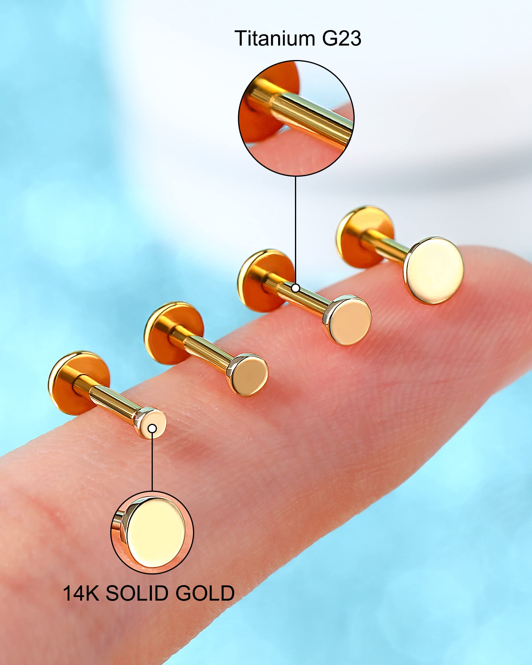 Melighting 14K Gold Threadless Earrings 16G Gold Flat Back Earrings Tiny Flat Disc Threadless Push in Labret Stud Gold Tragus Piercing Jewelry for Women Conch Helix Stud