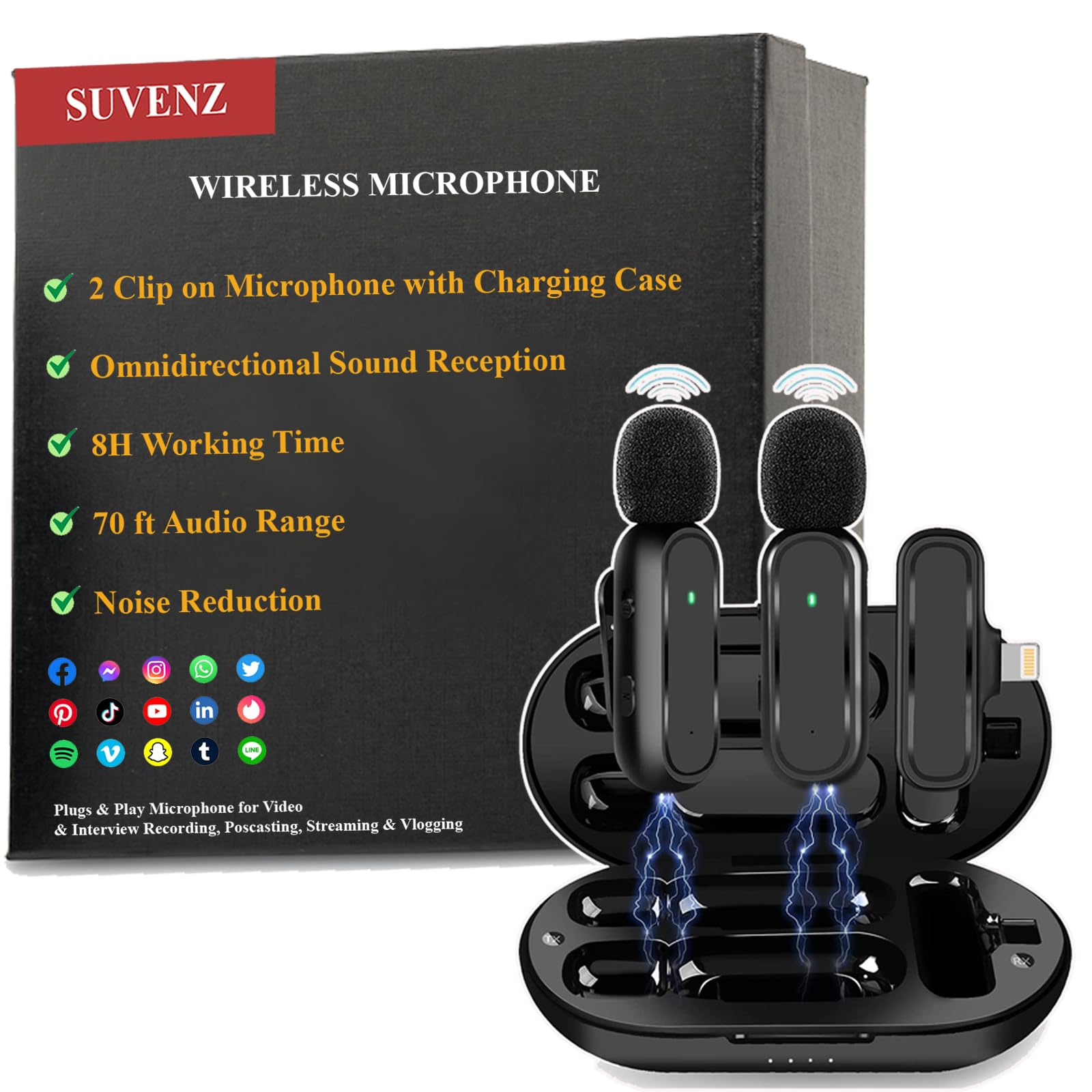 SUVENZ Wireless Lavalier Microphone for iPhone iPad with Charging Case, 3 Mode Noise Reduction, 2 Clip on Microphone for Video Recording, Podcasting, Vlogging, YouTube - 8H Working Time