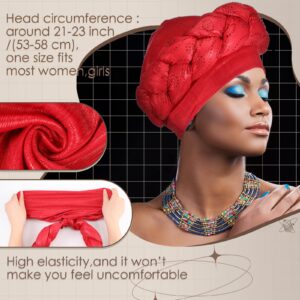 4 Pcs African Turban Head Wrap for Women and Girls Braid Crystals Head Turbans Soft Twisted Wrap Caps for Women, Medium (Red, Black, Gold, Silver)