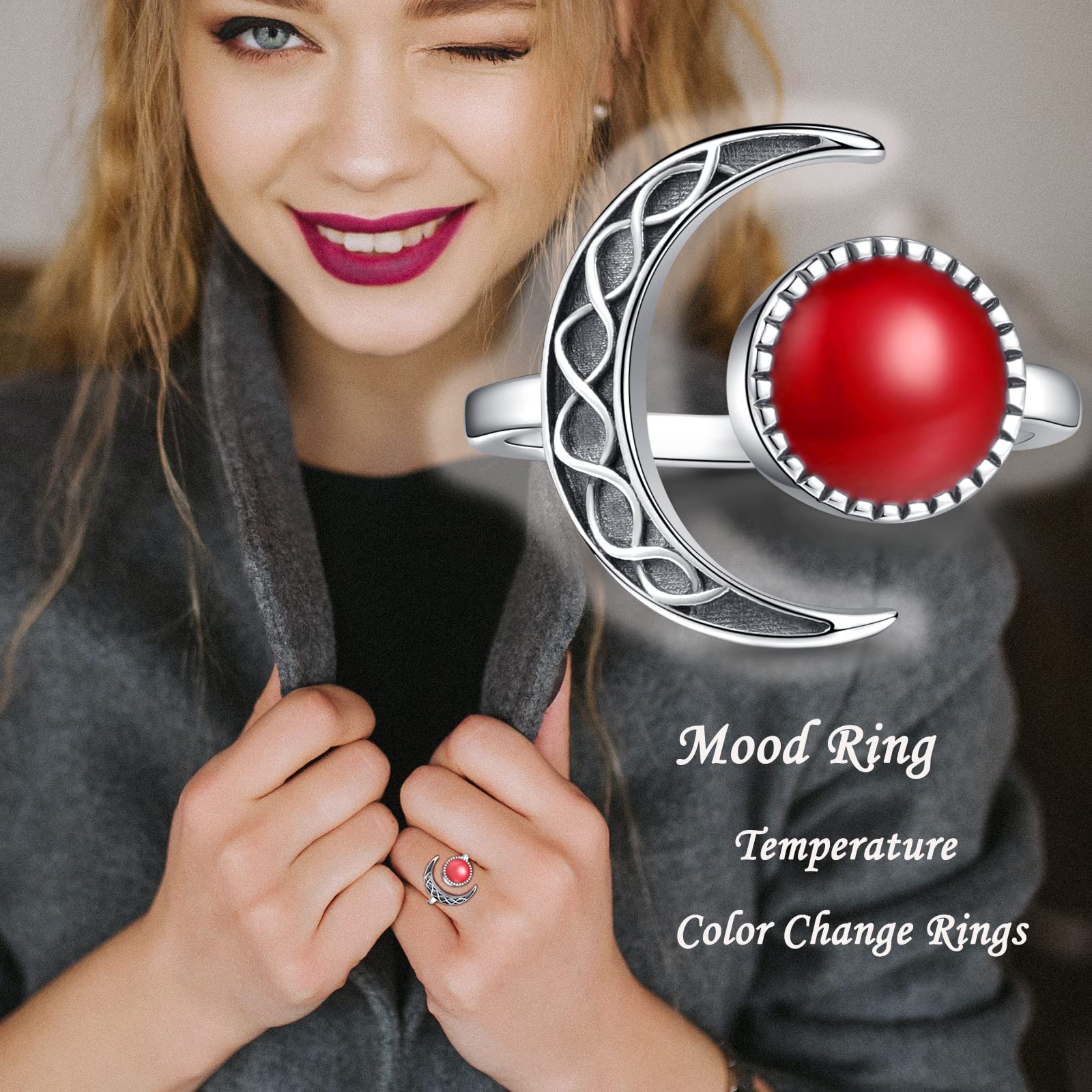 ZLILIJAN Mood Ring for Women 925 Sterling Silver Temperature Color Chang Rings Emotion Feeling Moon Adjustable Ring Celtic Knot Jewelry gift (Adjustable 8-10)