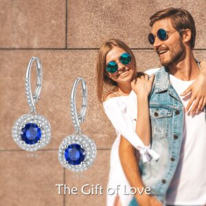 VONALA Sapphire Earrings 925 Sterling Silver Blue Cubic Zirconia Leverback Earrings CZ Dangle Drop Dangling Earrings Sapphire Jewelry Gift for Women