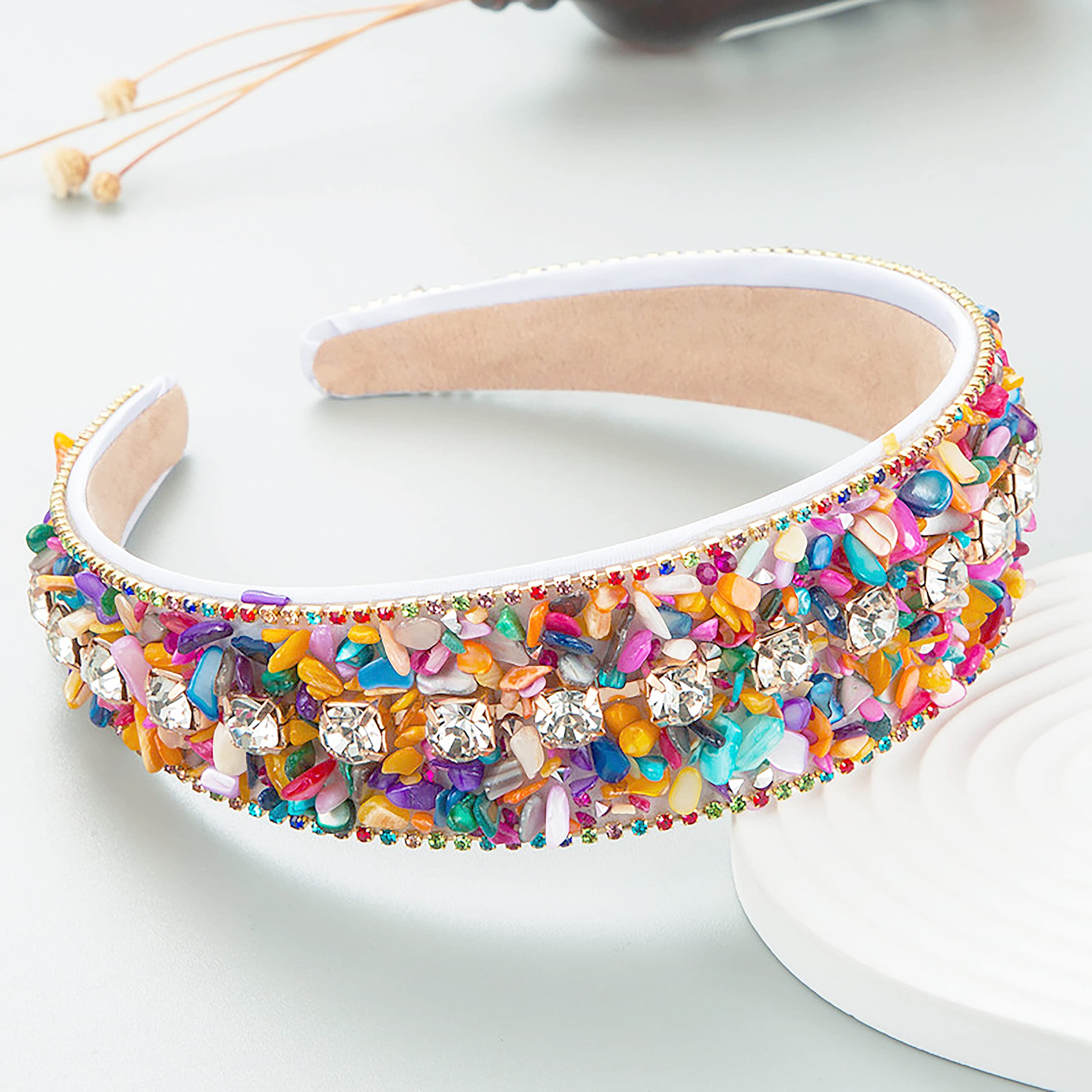 Gmmidea Rhinestone Women Headband Sparkle Diamond Crystal Headband Padded Wide Hairband Glitter Hair Accessories for Women Girls Rainbow