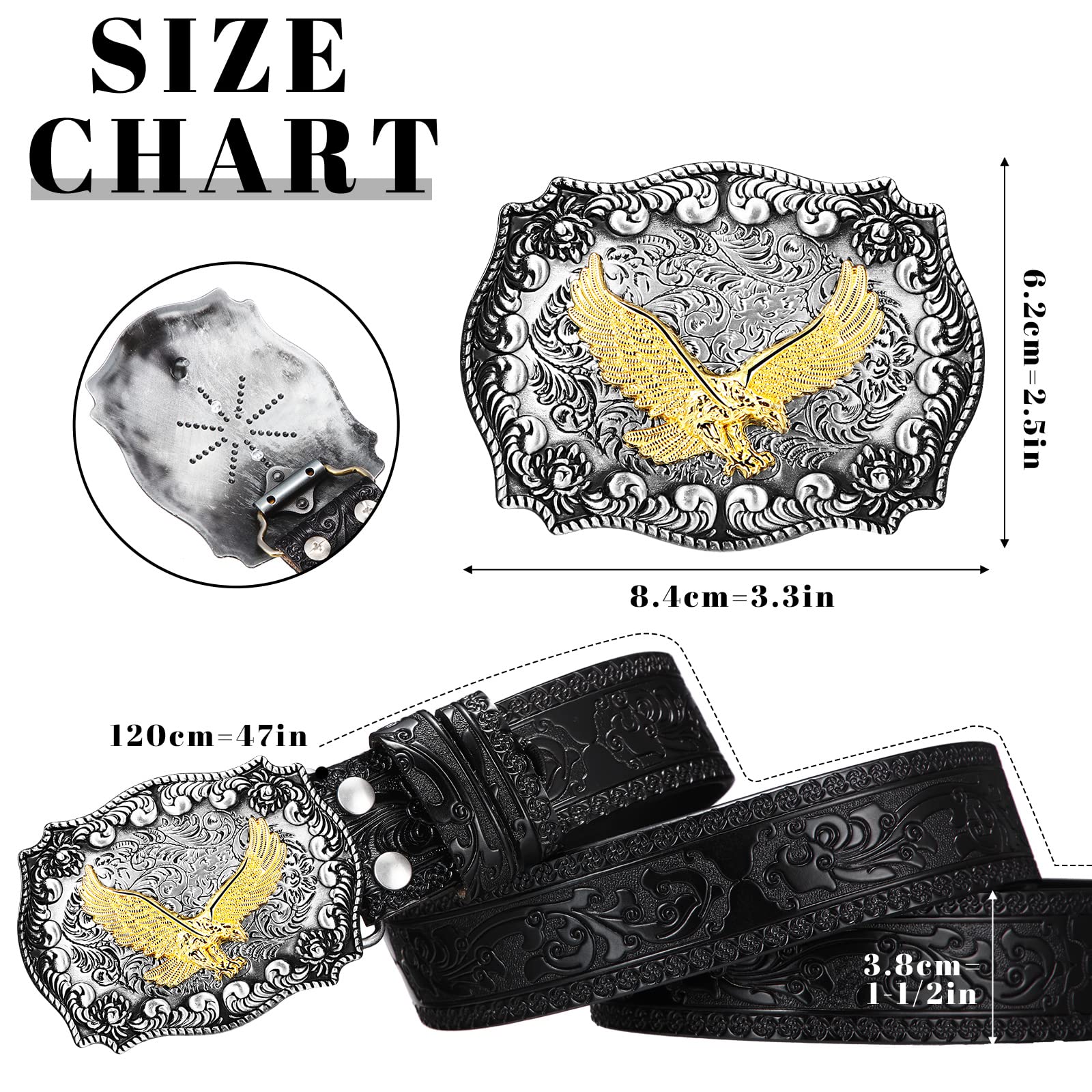 Photect Western Leather Buckle Belts Cowboy Animals Buckle Belt Embossed Cowboy Belts for Men, 1.5 Inch Wide (Black, 45.3 Inch)