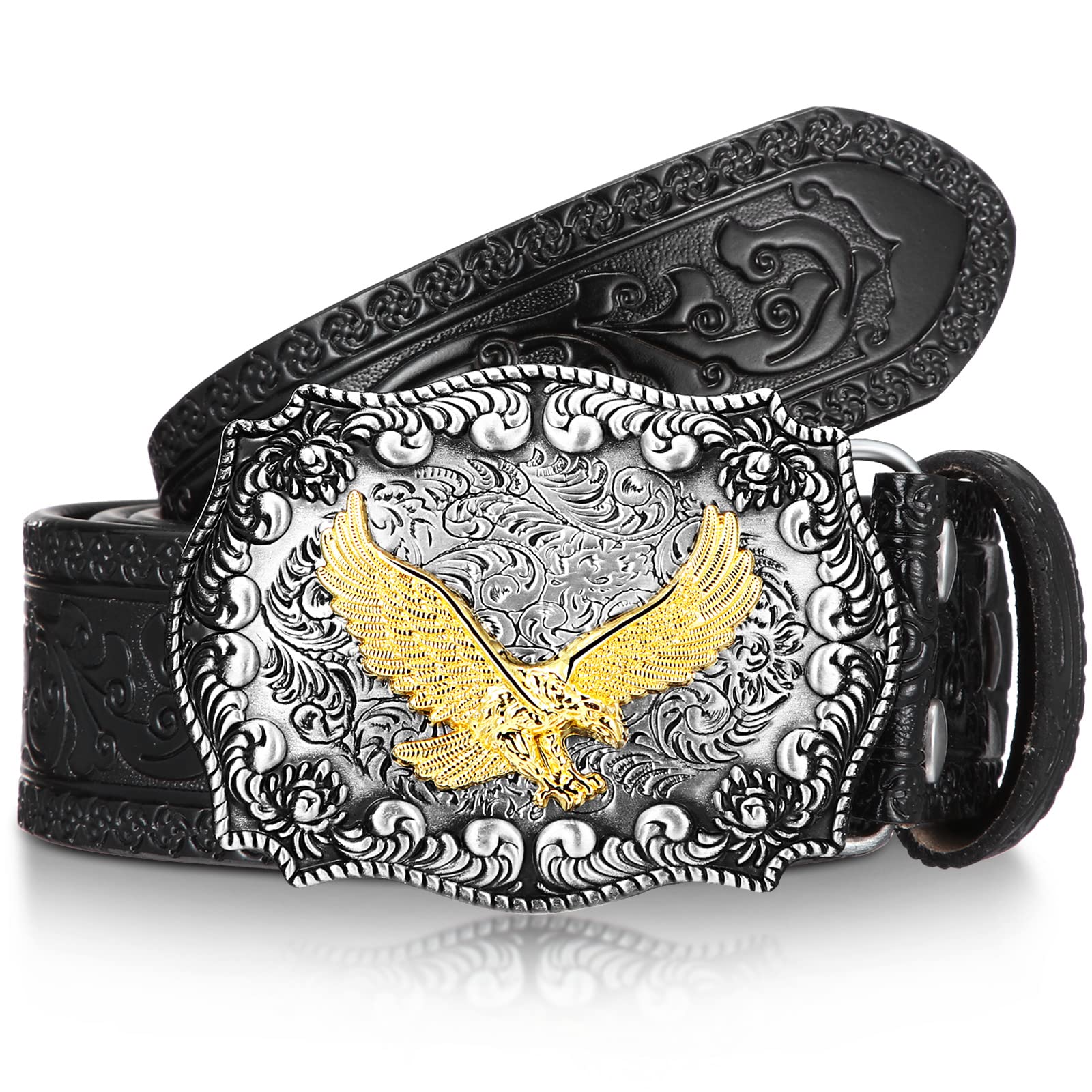 Photect Western Leather Buckle Belts Cowboy Animals Buckle Belt Embossed Cowboy Belts for Men, 1.5 Inch Wide (Black, 45.3 Inch)