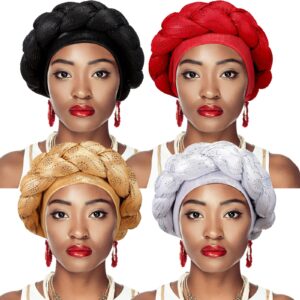 4 Pcs African Turban Head Wrap for Women and Girls Braid Crystals Head Turbans Soft Twisted Wrap Caps for Women, Medium (Red, Black, Gold, Silver)