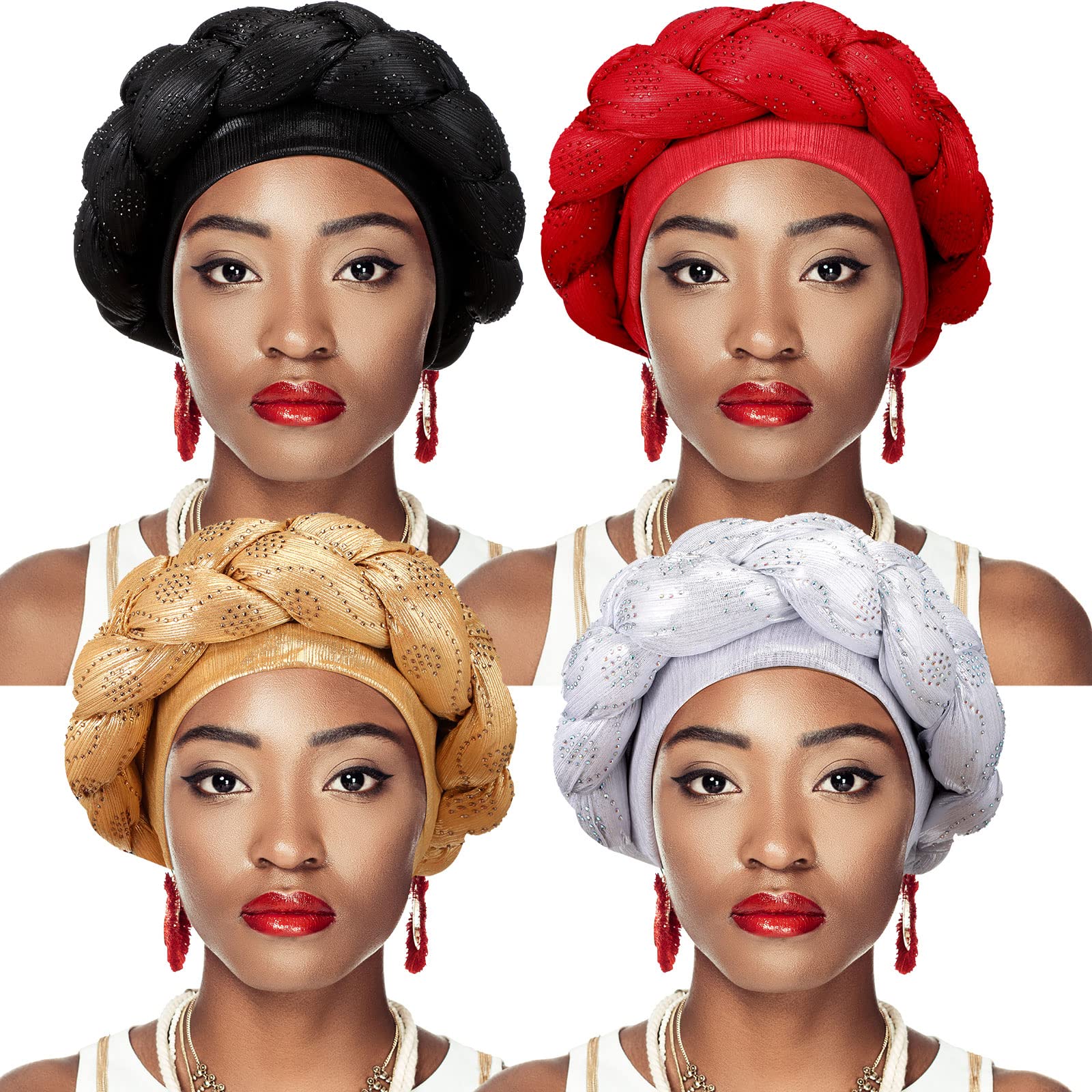 4 Pcs African Turban Head Wrap for Women and Girls Braid Crystals Head Turbans Soft Twisted Wrap Caps for Women, Medium (Red, Black, Gold, Silver)