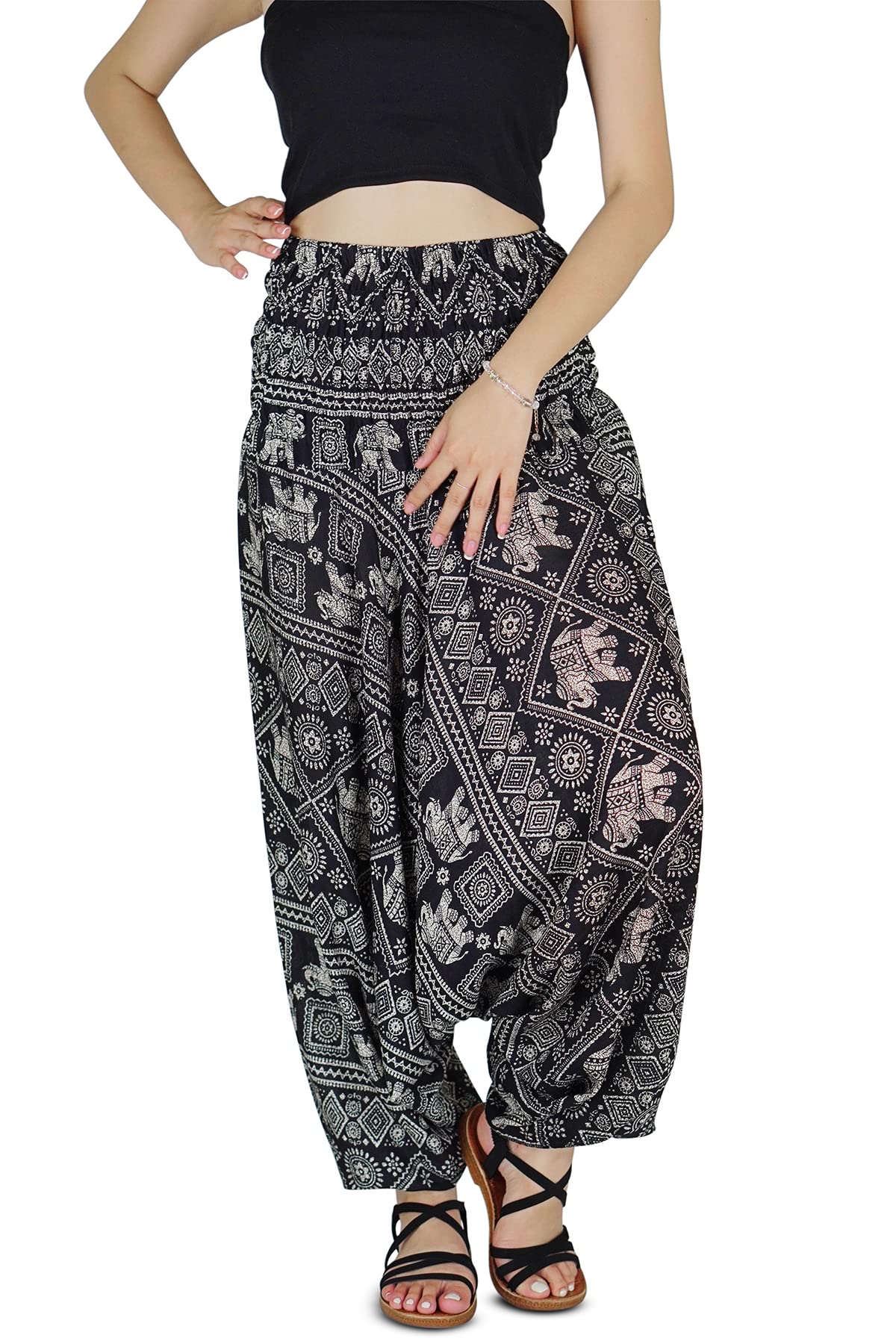 Your Cozy Harem Pants for Women Hippie Boho Clothes Mc Hammer Pants Jumpsuit Casual Loose Beach Sweatpants Comfortable Baggy Boho Yoga Trousers (Black Elephant_S)