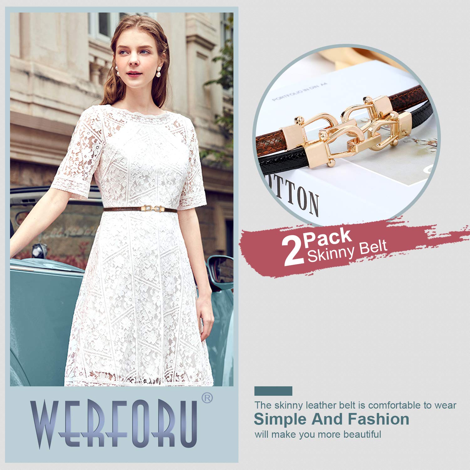 WERFORU 2 Pack Women Skinny Belt for Dress,Thin Waist Belt - Adjustable Leather Belt with Gold Buckle, Fit Waist Size below 37 Inches