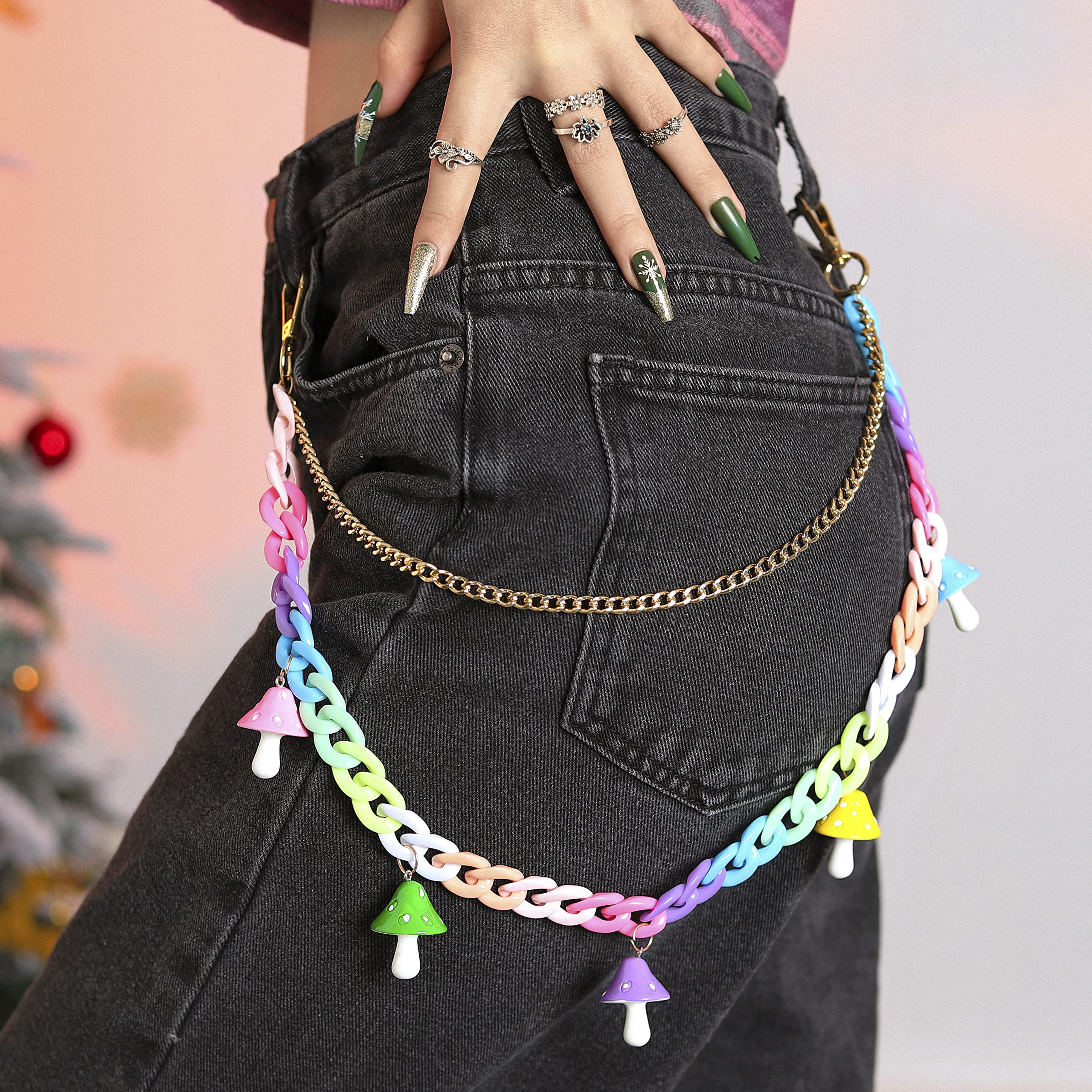 Zehope Layered Pant Chains Colorful Mushroom Jean Chain Hip Hop Wallet Chains for Women