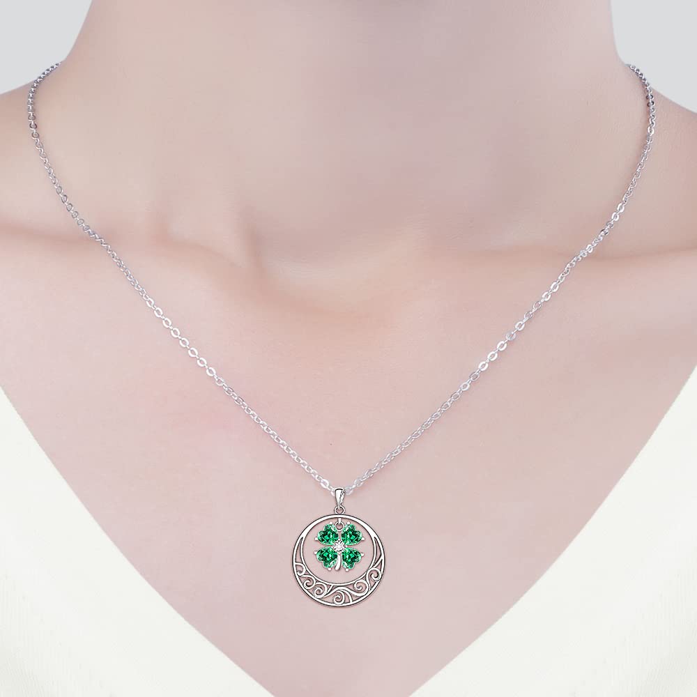 Talonior St Patricks Day Necklace Shamrock Necklace for Women 4 Leaf Clover Pendant Irish Shamrock Sterling Silver Filigree Cubic Zirconia Green Good Lucky Clover Jewelry Gifts