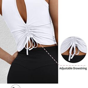 VOOVEEYA Ruched Workout Tops for Women Open Back - Going out Crop Tops Backless Yoga Tops Tie Back（White-L）