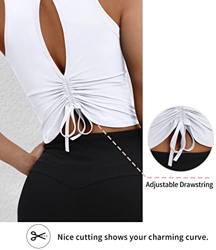 VOOVEEYA Ruched Workout Tops for Women Open Back - Going out Crop Tops Backless Yoga Tops Tie Back（White-L）