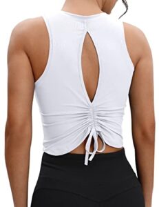 vooveeya ruched workout tops for women open back - going out crop tops backless yoga tops tie back（white-l）