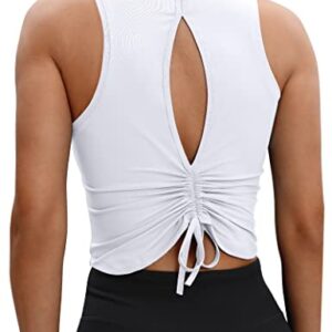 VOOVEEYA Ruched Workout Tops for Women Open Back - Going out Crop Tops Backless Yoga Tops Tie Back（White-L）