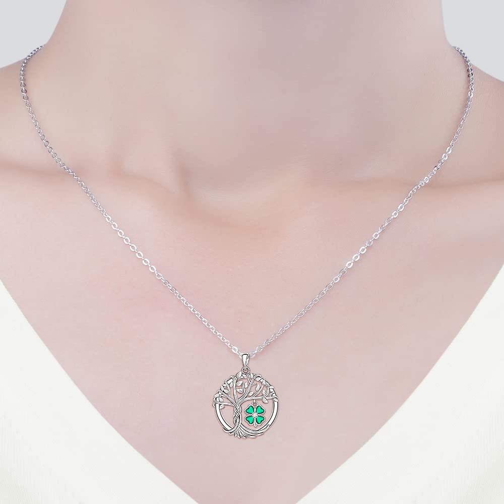 St Patricks Day Shamrock Necklace for Women Sterling Silver Tree of Life Necklace 4 Leaf Clover Pendant Good Lucky Irish Shamrock Green Clover Jewelry Holiday Gifts