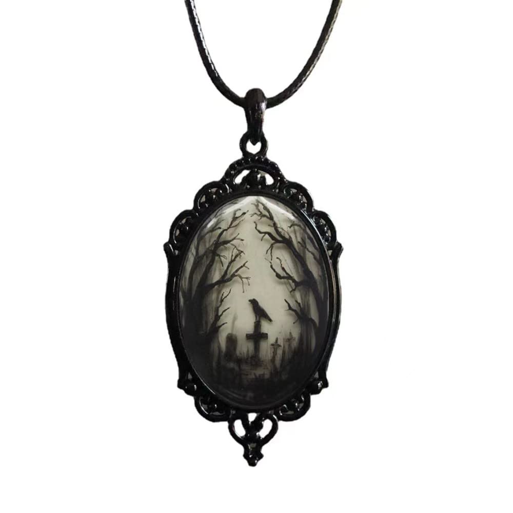 YWMAN Raven Cross Glass Pendant Necklace - Vintage Gothic Rope Chain Crow Choker - Mystic Witch Jewelry Gift Accessories