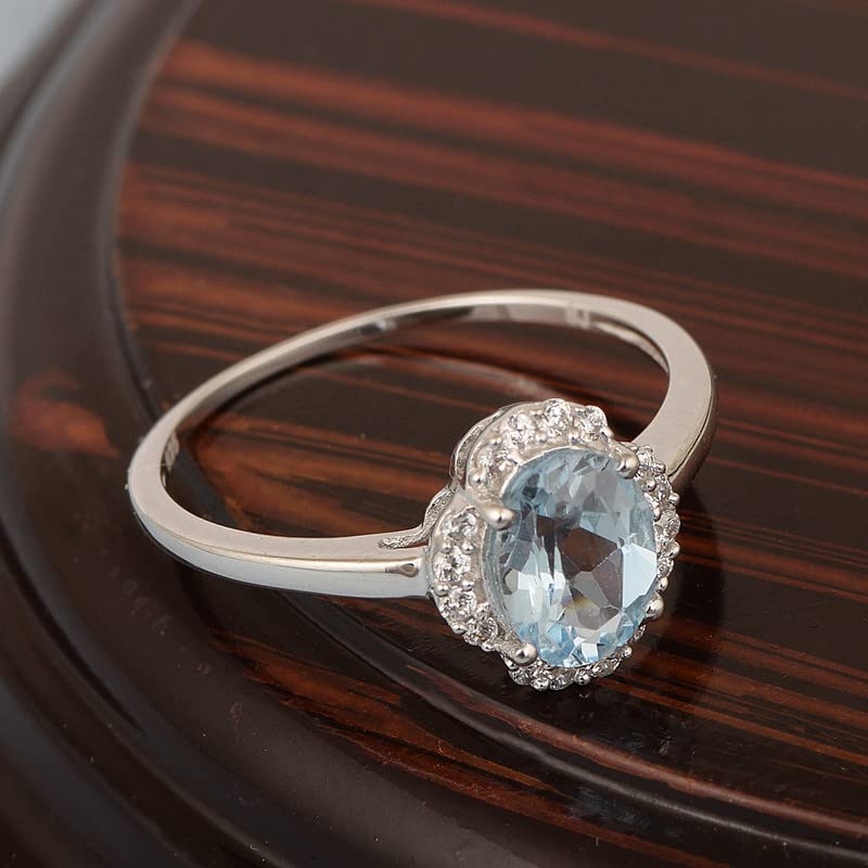 Dainty 925 Sterling Silver Oval Shape 8X6 MM Natural Gemstones Solitaire Accents Women Engagement Proposal Ring Aquamarine,8