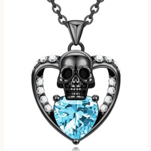 GTISKL Gothic Skull Punk Birthstone Birthday Pendant Necklace For Women Heart purple Red crystal Zircon Christmas Valentine's Mother's Day Jewelry Gifts (Heart-3-March-Sea Blue)