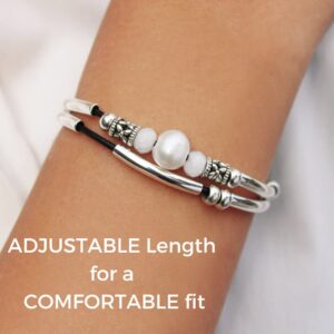 Lizzy James Crystal Water Adjustable 2 Natural Black Leather Strand Silver Bracelet with Pearl & Moonstone for Women