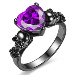 gothic skull black rose flower rings women purple red love heart zircon crystal valentine's day anniversary engagement mother's day gift party biker jewelry (purple, 7)