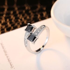 sukkccno s925 silver women's black double-head zircon ring aaa cubic zirconia fashion ring simple vintage ring (size 8)