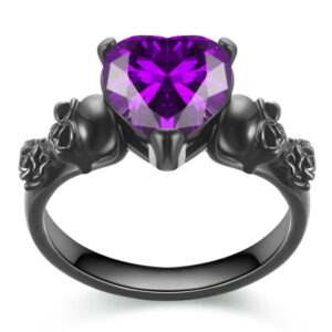 Gothic Skull Black Rose Flower Rings Women Purple Red Love Heart Zircon Crystal Valentine's Day Anniversary Engagement Mother's Day Gift Party Biker Jewelry (Purple, 7)