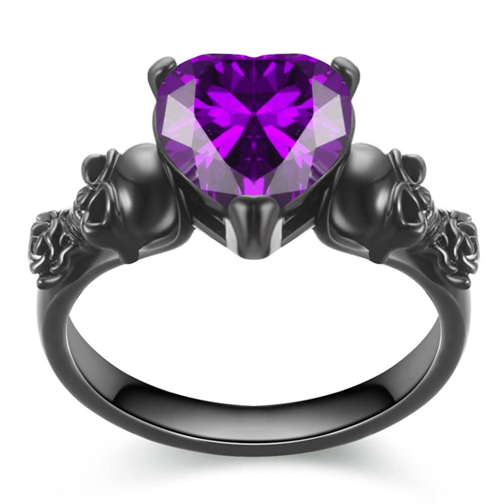 Gothic Skull Black Rose Flower Rings Women Purple Red Love Heart Zircon Crystal Valentine's Day Anniversary Engagement Mother's Day Gift Party Biker Jewelry (Purple, 7)