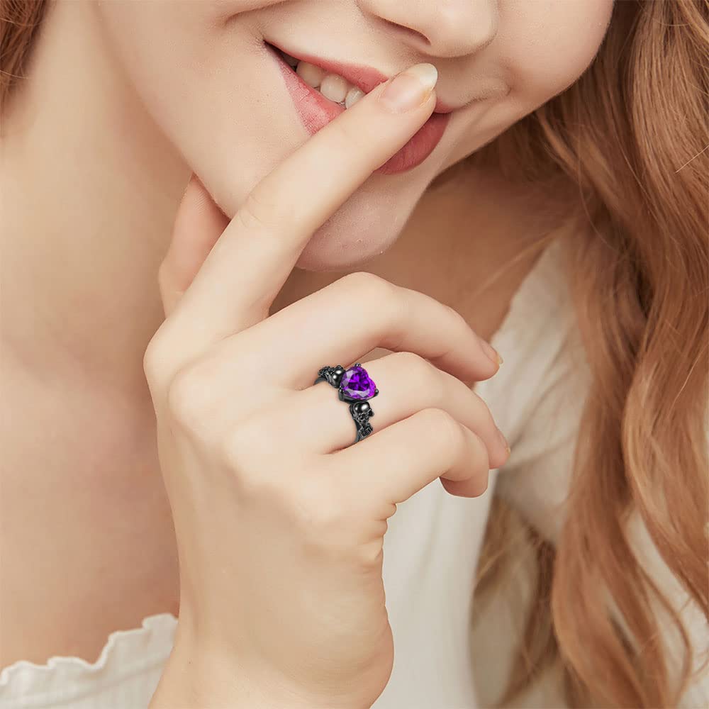 Gothic Skull Black Rose Flower Rings Women Purple Red Love Heart Zircon Crystal Valentine's Day Anniversary Engagement Mother's Day Gift Party Biker Jewelry (Purple, 7)