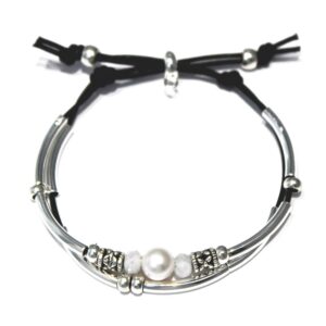 lizzy james crystal water adjustable 2 natural black leather strand silver bracelet with pearl & moonstone for women