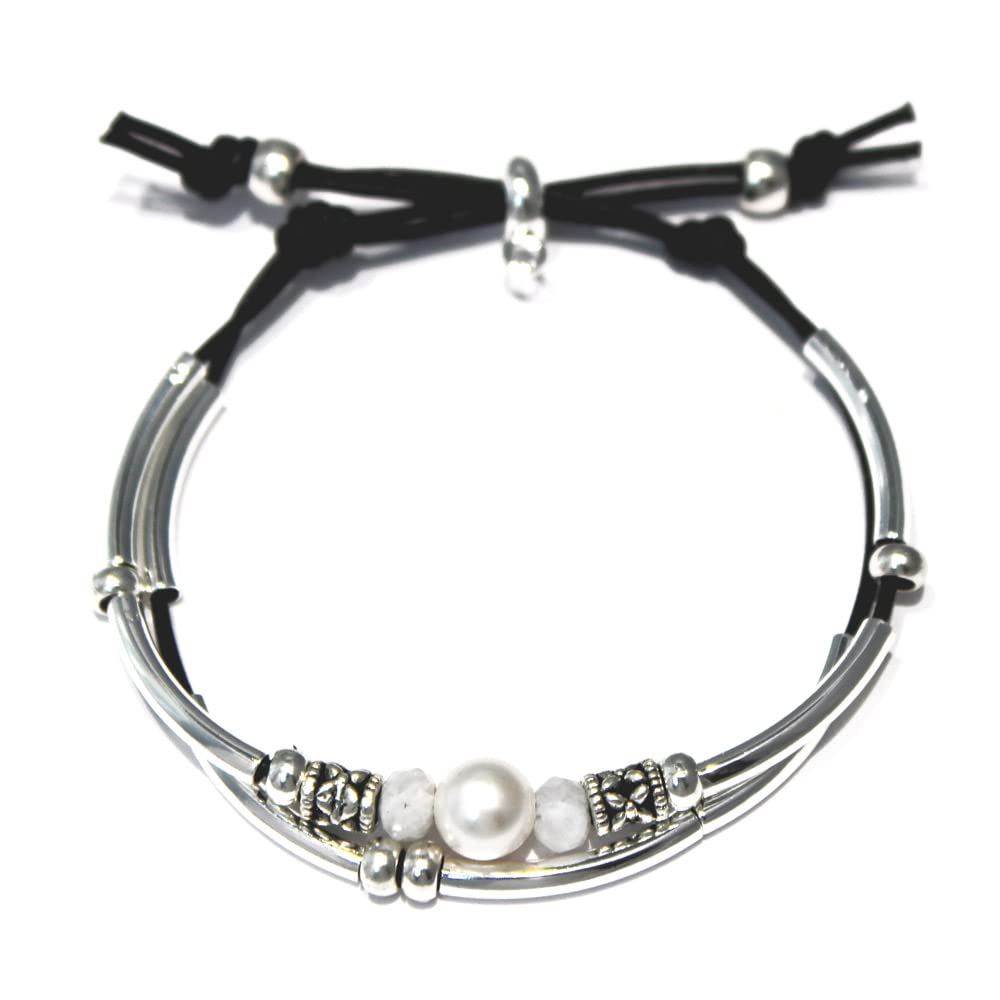 Lizzy James Crystal Water Adjustable 2 Natural Black Leather Strand Silver Bracelet with Pearl & Moonstone for Women