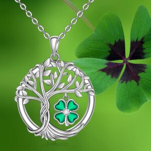 St Patricks Day Shamrock Necklace for Women Sterling Silver Tree of Life Necklace 4 Leaf Clover Pendant Good Lucky Irish Shamrock Green Clover Jewelry Holiday Gifts