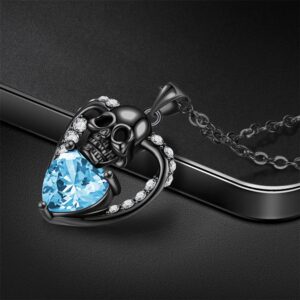 GTISKL Gothic Skull Punk Birthstone Birthday Pendant Necklace For Women Heart purple Red crystal Zircon Christmas Valentine's Mother's Day Jewelry Gifts (Heart-3-March-Sea Blue)