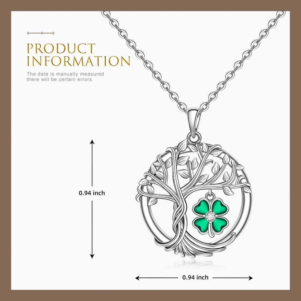 St Patricks Day Shamrock Necklace for Women Sterling Silver Tree of Life Necklace 4 Leaf Clover Pendant Good Lucky Irish Shamrock Green Clover Jewelry Holiday Gifts