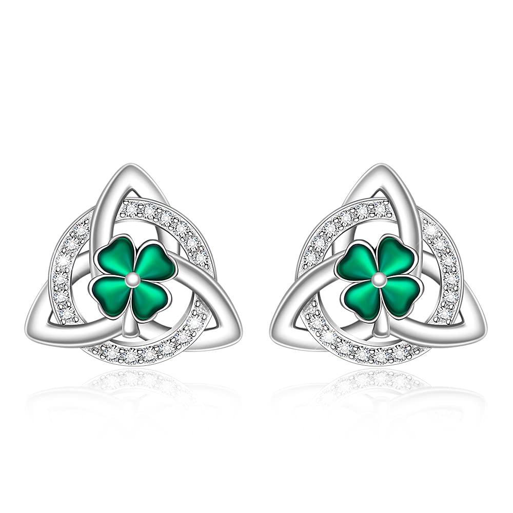 Shamrock Earrings St Patricks Day Earrings for Women Sterling Silver Four Leaf Clover Earrings Celtic Knot Good Lucky Irish Clover Stud Friendship Triangle Jewelry Birthday Gifts