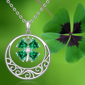 Talonior St Patricks Day Necklace Shamrock Necklace for Women 4 Leaf Clover Pendant Irish Shamrock Sterling Silver Filigree Cubic Zirconia Green Good Lucky Clover Jewelry Gifts