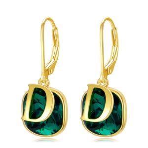 emerald green earrings with d initial letter dangle drop earrings with gold tone birthstone earrings birthday jewelry gifts for women friends