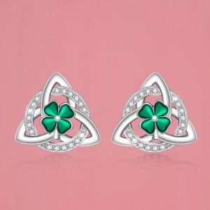 Shamrock Earrings St Patricks Day Earrings for Women Sterling Silver Four Leaf Clover Earrings Celtic Knot Good Lucky Irish Clover Stud Friendship Triangle Jewelry Birthday Gifts