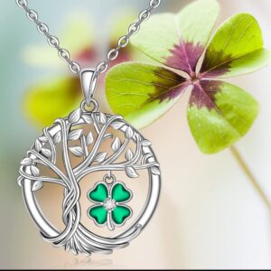 St Patricks Day Shamrock Necklace for Women Sterling Silver Tree of Life Necklace 4 Leaf Clover Pendant Good Lucky Irish Shamrock Green Clover Jewelry Holiday Gifts