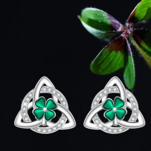 Shamrock Earrings St Patricks Day Earrings for Women Sterling Silver Four Leaf Clover Earrings Celtic Knot Good Lucky Irish Clover Stud Friendship Triangle Jewelry Birthday Gifts