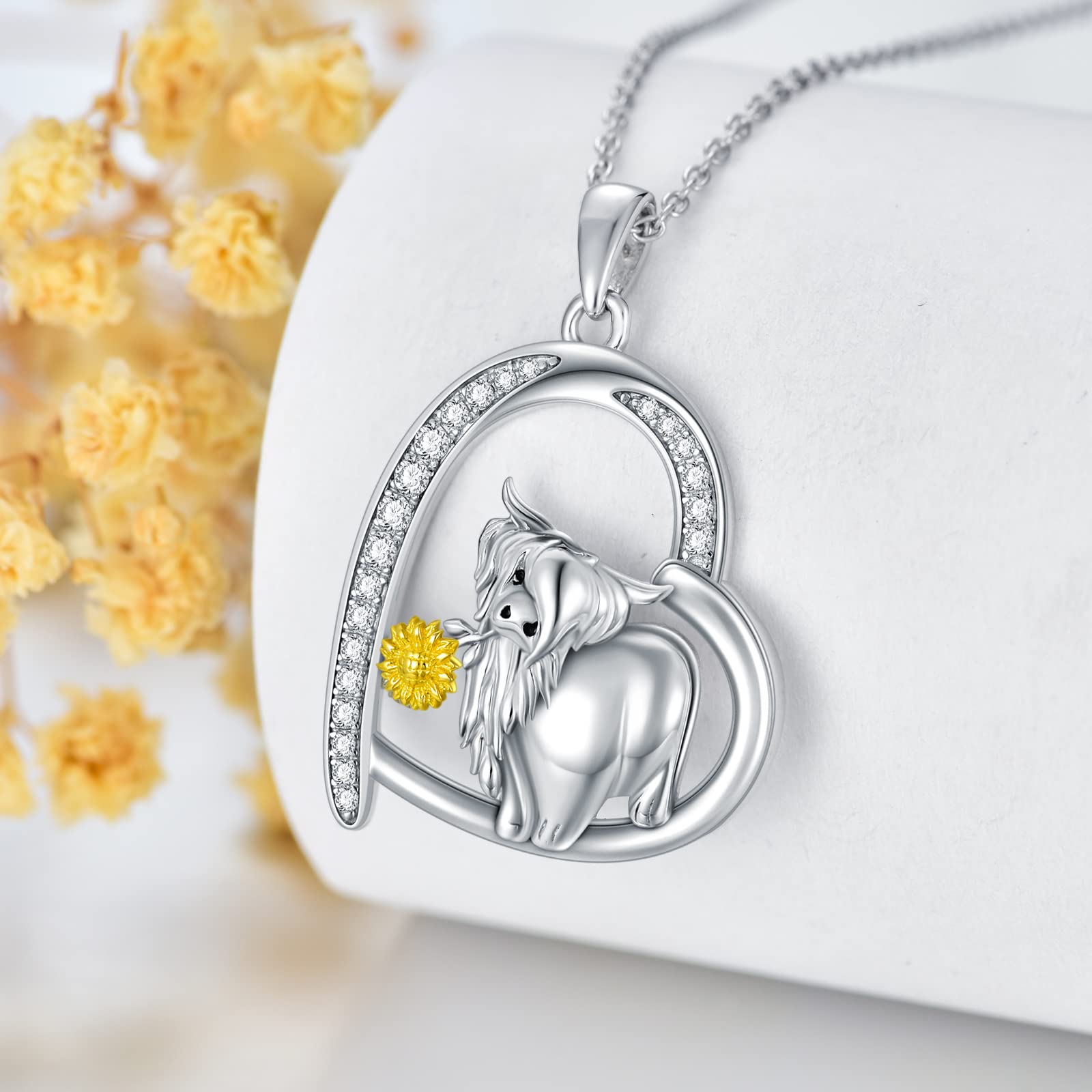 PROESS Highland Cow Necklace for Women 925 Sterling Silver Sunflower Cow Pendant Necklace Cow Jewelry Animal Lover Gifts