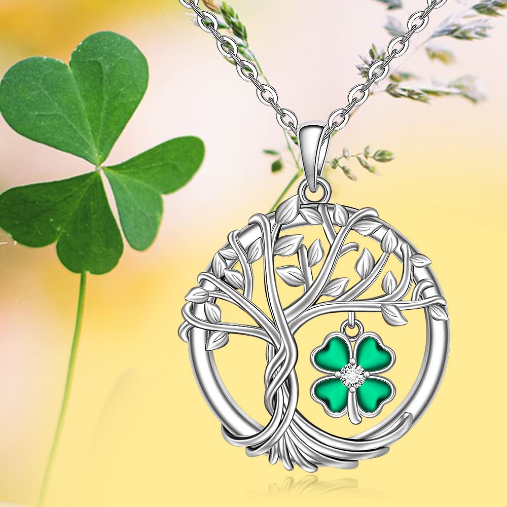 St Patricks Day Shamrock Necklace for Women Sterling Silver Tree of Life Necklace 4 Leaf Clover Pendant Good Lucky Irish Shamrock Green Clover Jewelry Holiday Gifts