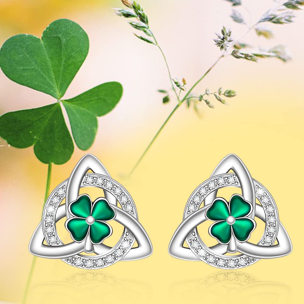 Shamrock Earrings St Patricks Day Earrings for Women Sterling Silver Four Leaf Clover Earrings Celtic Knot Good Lucky Irish Clover Stud Friendship Triangle Jewelry Birthday Gifts