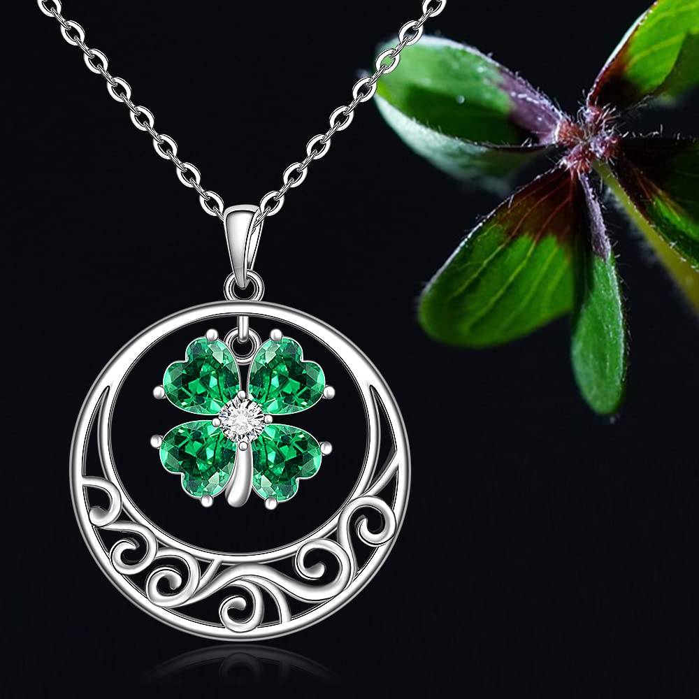 Talonior St Patricks Day Necklace Shamrock Necklace for Women 4 Leaf Clover Pendant Irish Shamrock Sterling Silver Filigree Cubic Zirconia Green Good Lucky Clover Jewelry Gifts