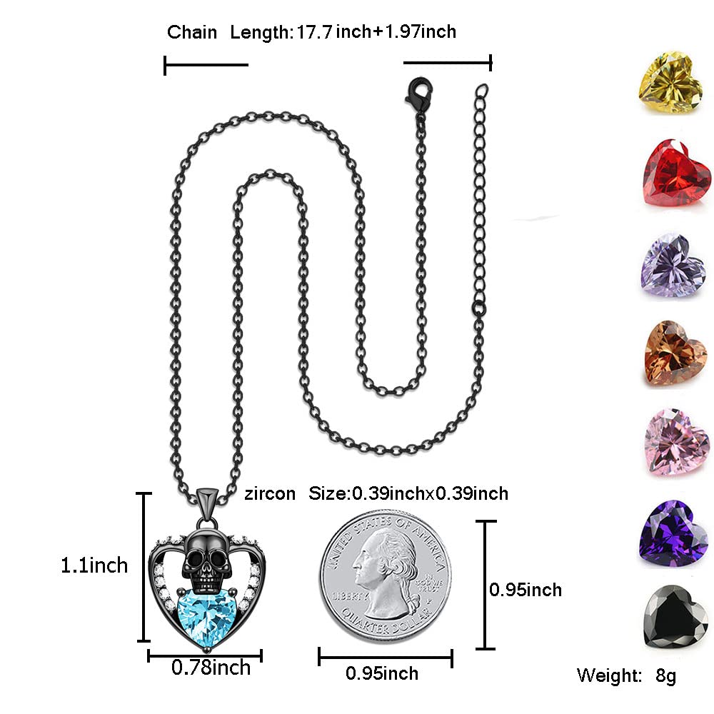 GTISKL Gothic Skull Punk Birthstone Birthday Pendant Necklace For Women Heart purple Red crystal Zircon Christmas Valentine's Mother's Day Jewelry Gifts (Heart-3-March-Sea Blue)