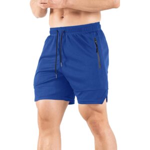 Mens 5" Gym Workout Shorts Quick Dry Bodybuilding Weightlifting Pants with Zipper Pockets Summer Mesh Athletic Short Blue