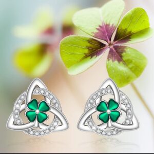 Shamrock Earrings St Patricks Day Earrings for Women Sterling Silver Four Leaf Clover Earrings Celtic Knot Good Lucky Irish Clover Stud Friendship Triangle Jewelry Birthday Gifts