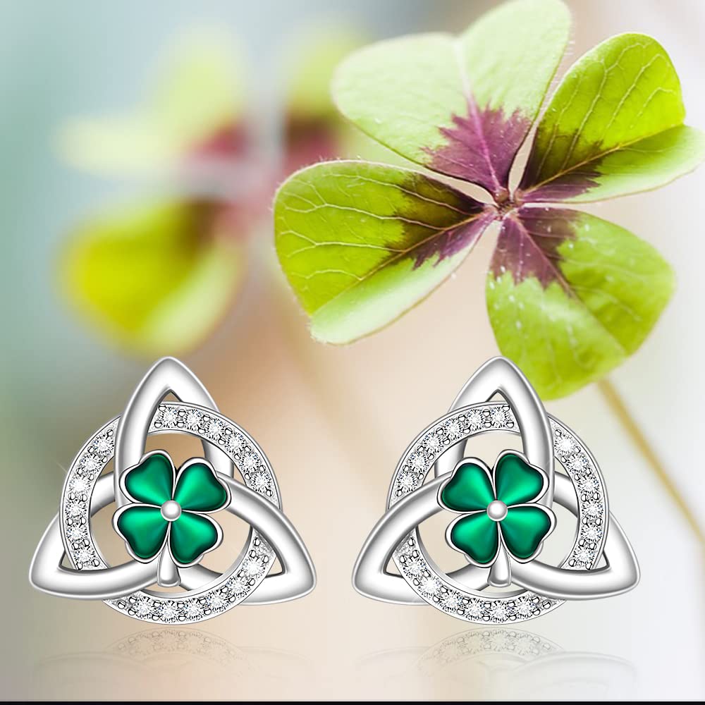 Shamrock Earrings St Patricks Day Earrings for Women Sterling Silver Four Leaf Clover Earrings Celtic Knot Good Lucky Irish Clover Stud Friendship Triangle Jewelry Birthday Gifts